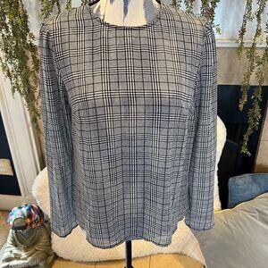 sheer houndstooth plaid long sleeve blouse S